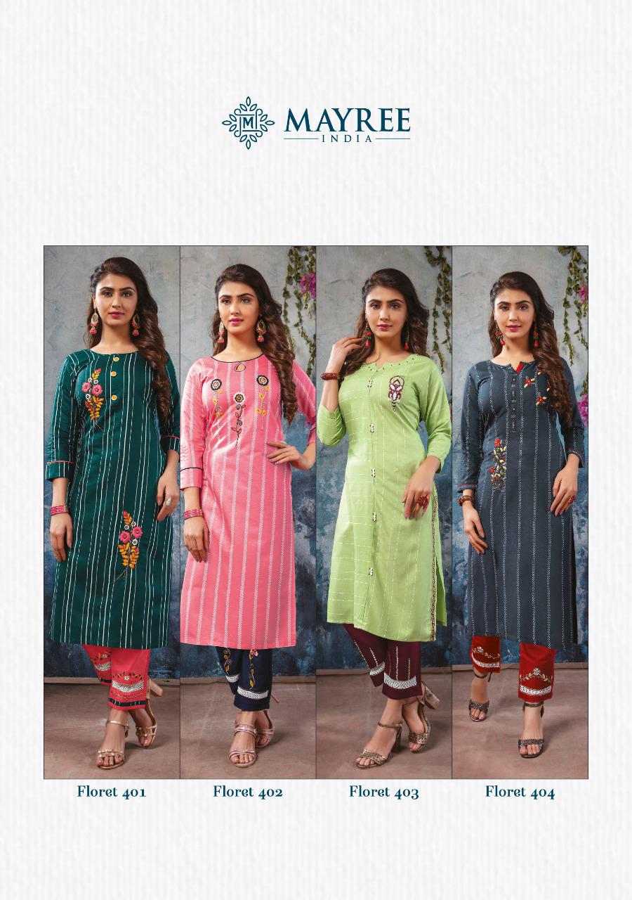 Mayree Floret 4 latest Fancy Designer Rayon Ethnic Wear Printed And Embroidery Worked Kurti With Bottom Collection